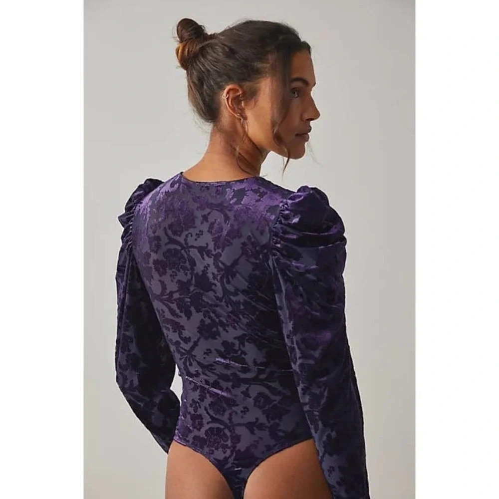 Free People NWT Magic Hour Velvet Puff Bodysuit Deep Sea Combo Size XS OB1570815